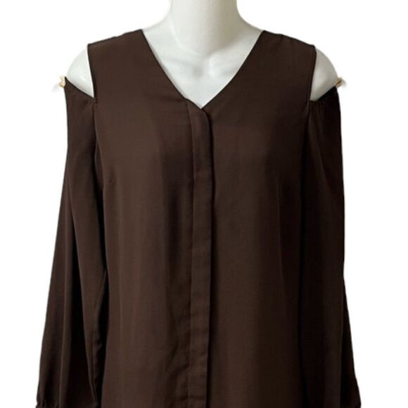 Chico's Sheer Brown Long Sleeve V-Neck Cold Shoulder Blouse - Picture 3 of 11